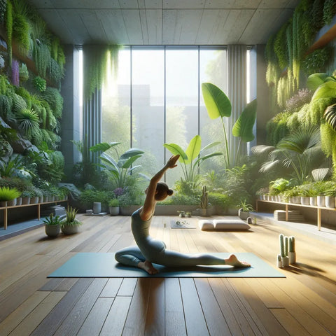 Personne pratiquant le yoga sur un tapis devant des plantes d'intérieur pour se relaxer et retrouver le sommeil.