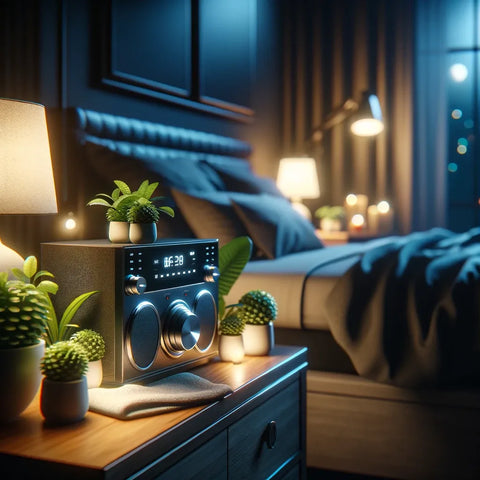 Photographie ultra-réaliste d'une chambre à coucher cosy la nuit, avec une chaîne stéréo éclairée doucement, entourée de petites plantes, diffusant de la musique apaisante pour favoriser le sommeil.