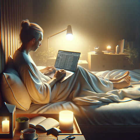 Image représentant la routine du coucher pour les adultes, avec une personne créant une liste de lecture relaxante avant de dormir dans une chambre paisible, éclairée doucement, illustrant un moment de détente nocturne.