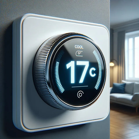 Thermostat moderne affichant une température fraîche de 17 degrés Celsius, installé dans un environnement domestique typique, illustrant l'efficacité énergétique et le confort à la maison.