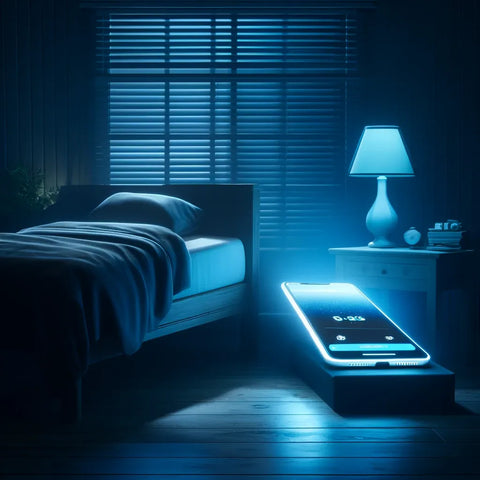 Photographie ultra-réaliste d'un smartphone émettant de la lumière bleue dans une chambre sombre, concept illustrant la perturbation du sommeil