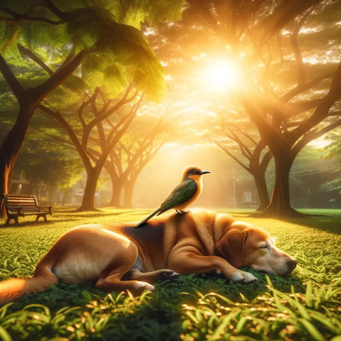 Photographie réaliste d'un oiseau paisiblement posé sur le dos d'un chien dans un parc ensoleillé, symbolisant la coexistence harmonieuse entre espèces.