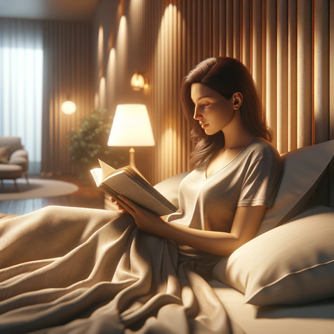 Femme lisant paisiblement un livre dans son lit, capturant un moment de détente et de sérénité dans une chambre chaleureuse.