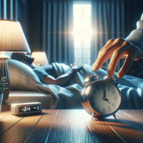 Routine de coucher apaisante pour adulte avec réglage d'alarme dans une chambre paisible et confortable, idéale pour un sommeil réparateur.