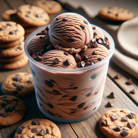 Crème glacée aux pépites de chocolat et biscuits dorés sur table en bois, une composition gourmande idéale pour les amateurs de douceurs sucrées, parfaite pour une pause goûter raffinée.