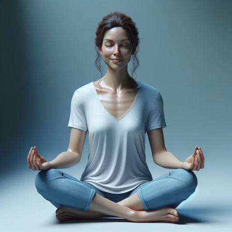 Une femme en méditation, assise paisiblement avec les jambes croisées et les yeux fermés, dégageant sérénité et bien-être dans un cadre ultra-réaliste.