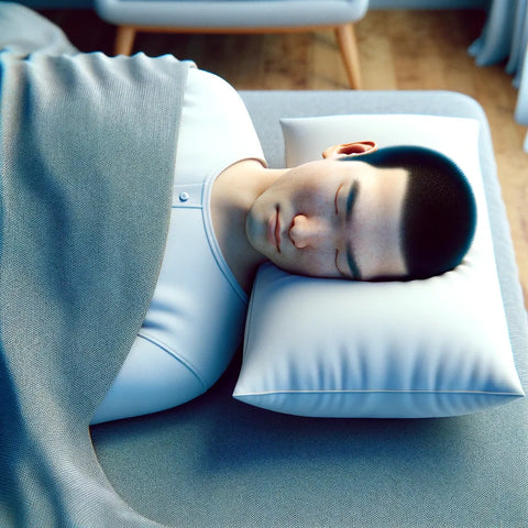 personne dormant face contre terre avec un petit oreiller sous le front et un plus épais sous l'abdomen, illustrant une technique de sommeil confortable pour l'alignement de la colonne vertébrale