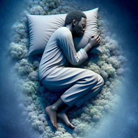 une personne dormant confortablement sur le côté en position fœtale, avec un oreiller entre les cuisses et les genoux, illustrant une posture de sommeil sereine et soutenue.