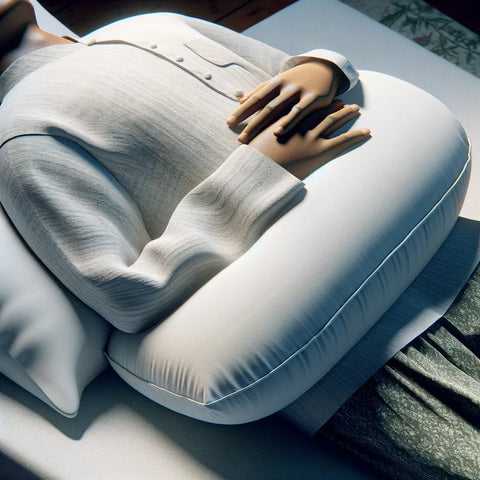 une personne dormant confortablement sur le ventre avec un oreiller sous l'abdomen pour un meilleur soutien, dans une chambre apaisante.