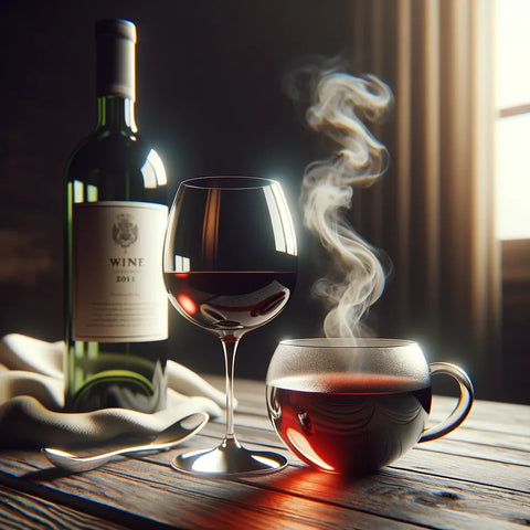 Photographie réaliste d'une bouteille de vin élégante à côté d'une tasse de thé chaud fumant, symbolisant la détente et le luxe.