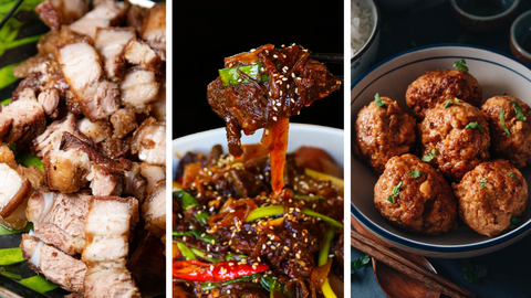 Vietnamese Caramelized Pork Belly (Thit Kho), Korean braised beef short rib (Galbijjim), Chinese Lion’s Head Meatballs (Shizitou)