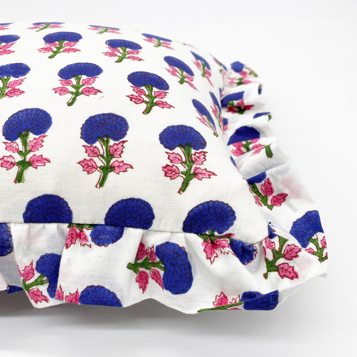 Hand block frilled cotton cushion - Rebecca – Huddle Collection