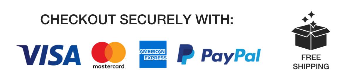 Free shipping on all purchases with Visa, Mastercard, American Express and PayPal payment options supported.