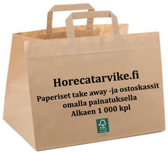 Takeawaykassi jossa teksti "horecatarvike.fi Paperiset take away- ja ostoskassit omalla painatuksella alkaen 1000 kpl