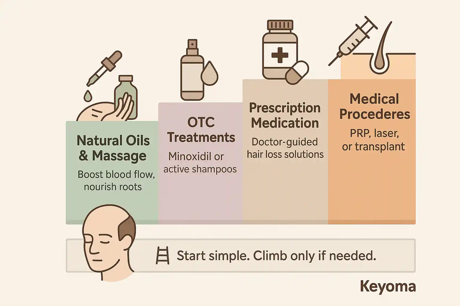 Keyoma Health visual guide illustrating a progressive ladder of hair loss solutions—from natural oils and scalp massage to OTC products, prescriptions, and medical procedures.