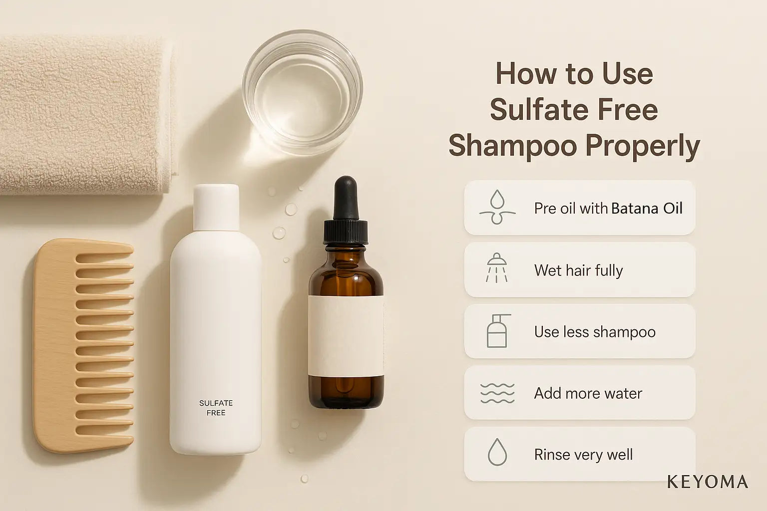 Towel, comb, sulfate-free bottle, and dropper illustrate Keyoma steps for proper shampoo use.