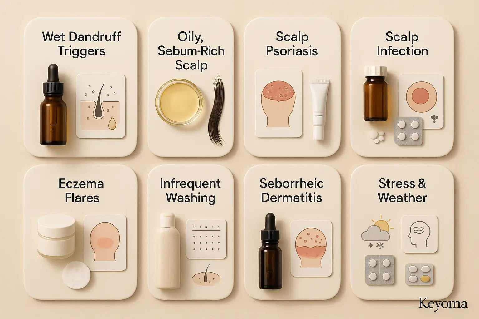 La infografía en mosaico muestra los desencadenantes de la caspa húmeda, como el cuero cabelludo graso, la psoriasis, la infección y el estrés, con la marca Keyoma.