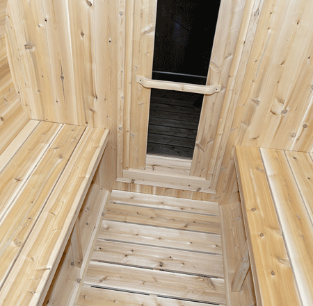Inside visa of barrel sauna with flat floor