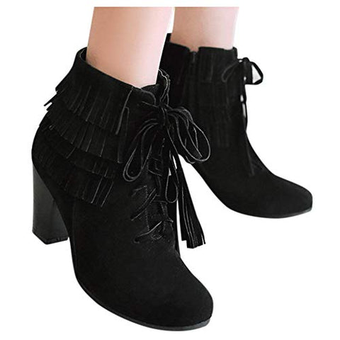  Gibobby Ankle Booties for Women Low Heel Women's Flat Bottom  Midi Calf Boots Retro Fringe Increased Lace Up Boots Ethnic Vintage Comfy  Flock Leather Outdoor Western Shoes