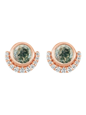 Rose Gold Moss Agate and Diamond Lunar Eclipse Studs - J. Longs