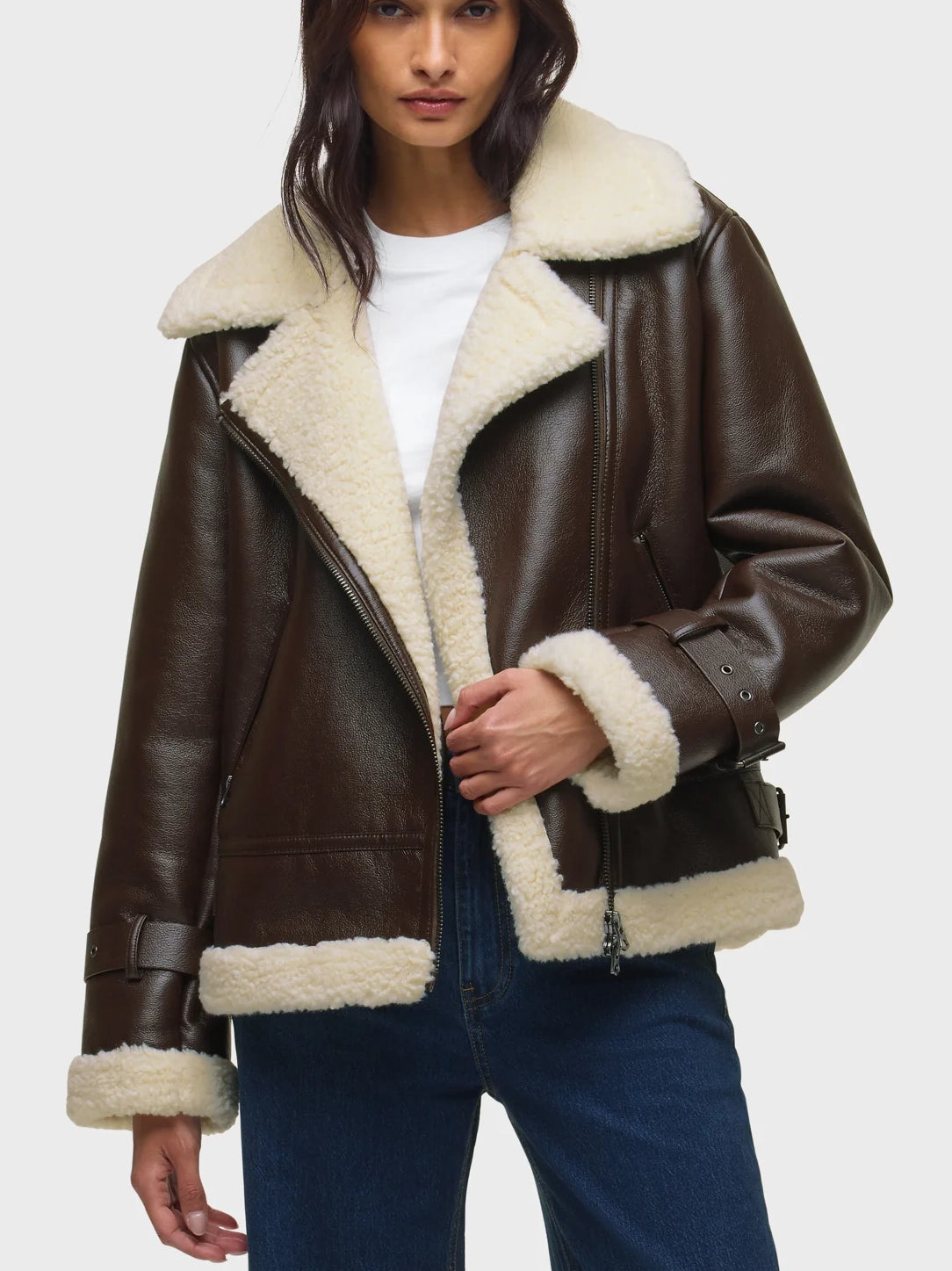 Vegan Leather Sherpa Jacket in Black Coffee