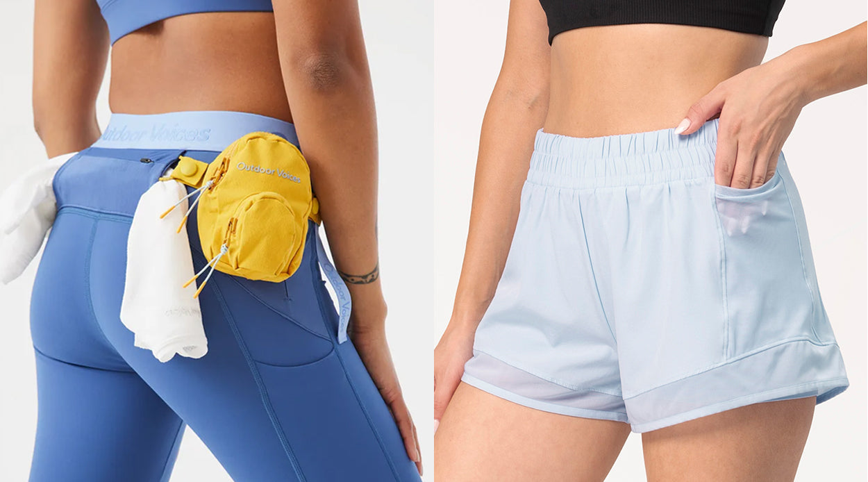 Left: Outdoor Voices Snack Legging Right: Pacy  2 in 1 mid waist running shorts