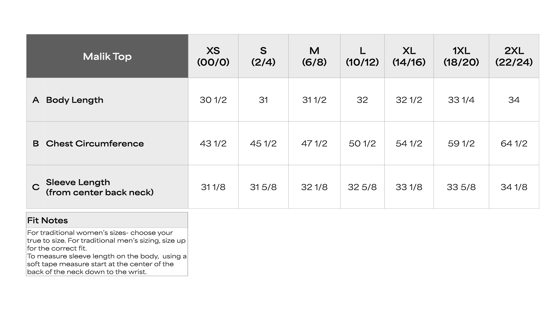 Malik Top Size Chart