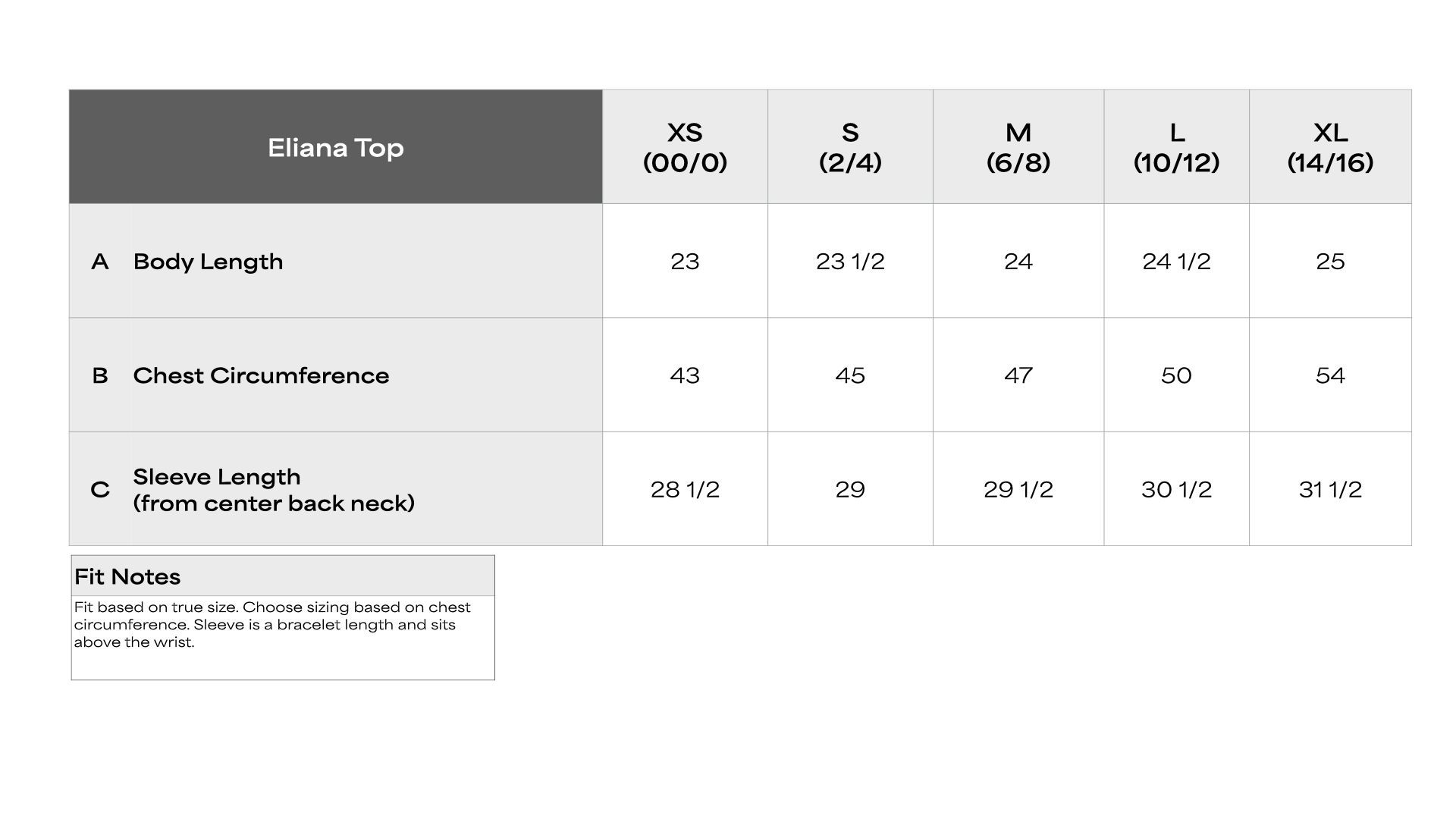 Eliana Top - Size Chart