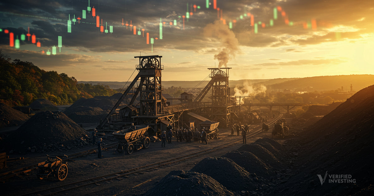A photorealistic 1900s-era industrial landscape in Pennsylvania, featuring a wide-angle view of coal miners gathered near a smoky anthracite mine. In the distant sky, faint translucent overlays of candlestick stock charts subtly blend with the clouds. The scene is bathed in golden-hour sunlight, creating rich contrast between warm sunlight and dark shadows from the machinery and coal heaps. Vibrant color grading simulates 35mm film, with natural lens flares and grain.