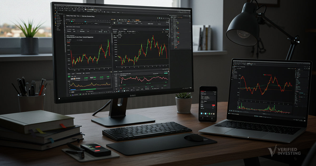 A photorealistic home trading setup with a modern desktop and laptop, both displaying pair trading platforms. One monitor shows a real-time scanner for correlation divergences; another displays backtest results with a visual overlay of historical spread movements. On the desk are trading books and a smartphone with alerts triggered. A bright, clean room with natural lighting through a window hints at the shift from institutional exclusivity to retail accessibility.