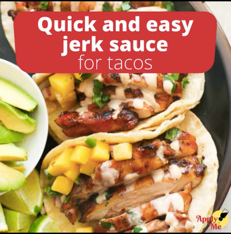 quick and easy jerk sauce for tacos is written over a red stroke of "paint" the background has 3 chicken tacos and half a bowl of avocado  on the left side of the photo.