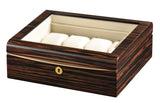 VOLTA EBONY WOOD 8 WATCH CASE WITH GOLD ACCENTS AND CREAM LEATHER INTERIOR AND SEE THROUGH TOP