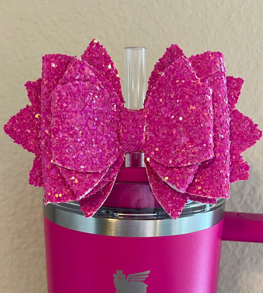 Shimmery hot pink bow straw topper