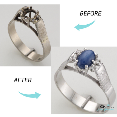 white gold ring missing center stone before with an after image showing stone replaced and ring polished and shiny