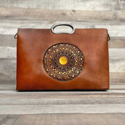 One of a Kind “FEDERICA” genuine leather bag with tooled mandala details