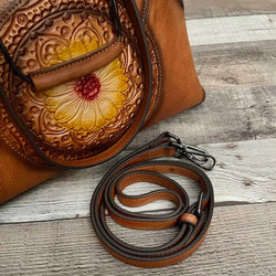 “SUNFLOWER BLAST” Genuine Tooled Leather Bag With Vegan Leather Accents and Shoulder Strap