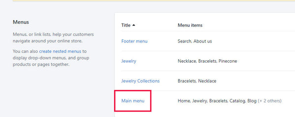 main menu Shopify