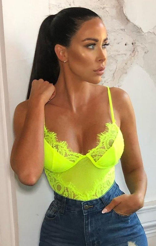 Lime Green Lace Bodysuit, Inc Neon, Long Sleeve & Up