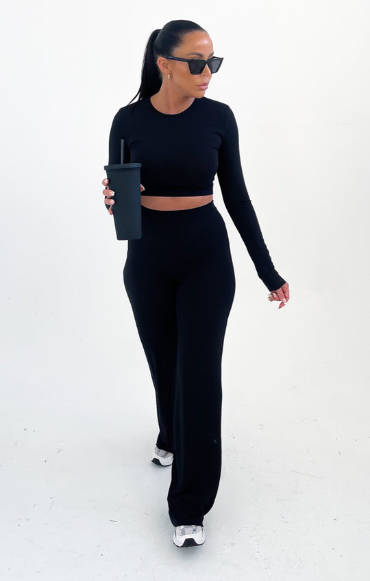 Black Long Sleeve Crop Top And Leggings Two Piece Set - Bella