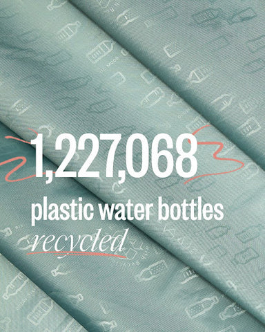 Light blue facrib with water bottle icons printed, text reads 1,227,068 plastic water bottles recycled