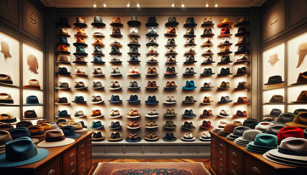 men's hat store filled with different fedoras.