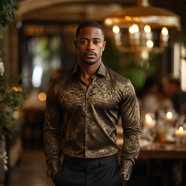 A man wearing a walking suit consisting of a shiny dark brown shirt with a gold pattern and dark pants stands in a fancy restaurant with lots of lights and plants.