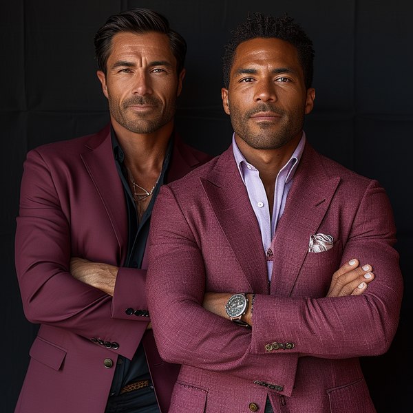 Two men stand side by side with their arms crossed. They are both wearing maroon suits. The man on the left has dark hair and is wearing a black shirt. The man on the right has short curly hair and is wearing a light pink shirt with a pocket square. Both men have serious expressions.