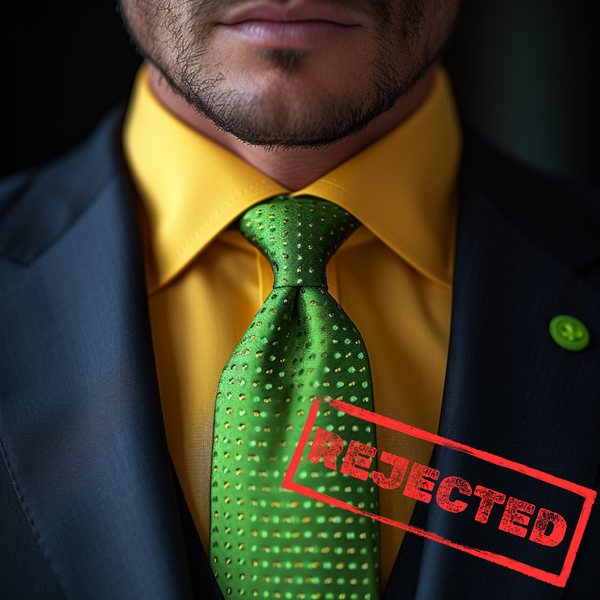 a black suit combined with a yellow shirt and green tie. a stamp on the bottom that says "rejected"