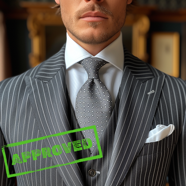 a pinstripe grey suit combined with a white dress shirt and a polka dot grey tie. an "approved" stamp on the bottom