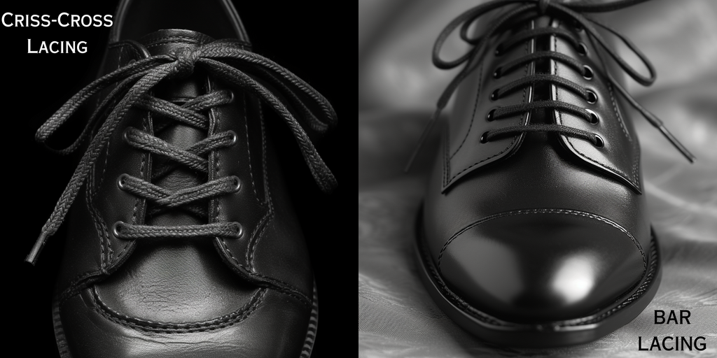Two black leather shoes showcasing different lacing techniques: the left shoe features criss-cross lacing, and the right shoe displays bar lacing, both highlighted in a high-contrast black and white image.