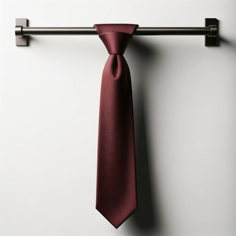 a burgundy tie perfectly hangged.