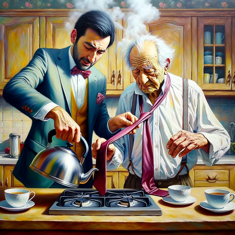 a neatly dressed man steaming an old man's tie.