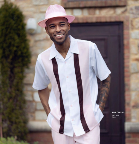 montique's walking suit consisting of pink pants and pink shirt with white and brown stripes.