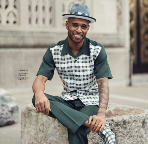montique's green short-sleeve walking suit with green and white patterned shirt.